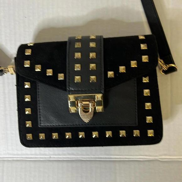 Crossbody Purse Black Gold Studded Three Pocket Vegan Leather And Suede - Picture 1 of 6